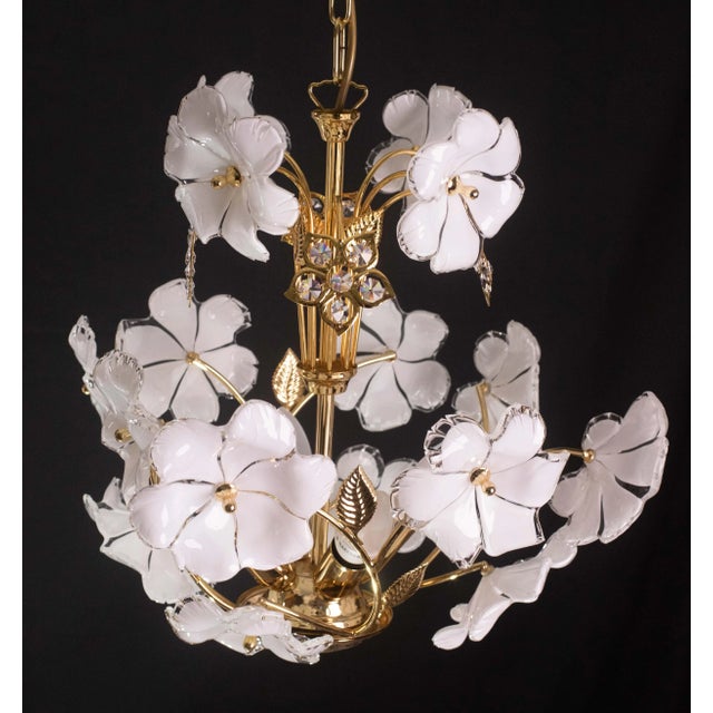 Vintage Murano Style Crystal Glass Chandelier White Flowers, 1970s For Sale - Image 9 of 12