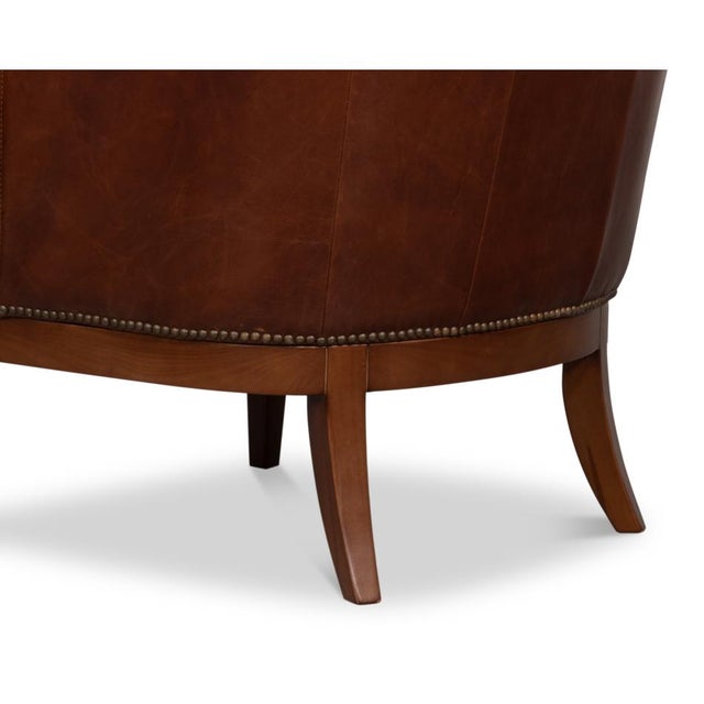 Wood Transitional Brown Leather Wing Chair For Sale - Image 7 of 11