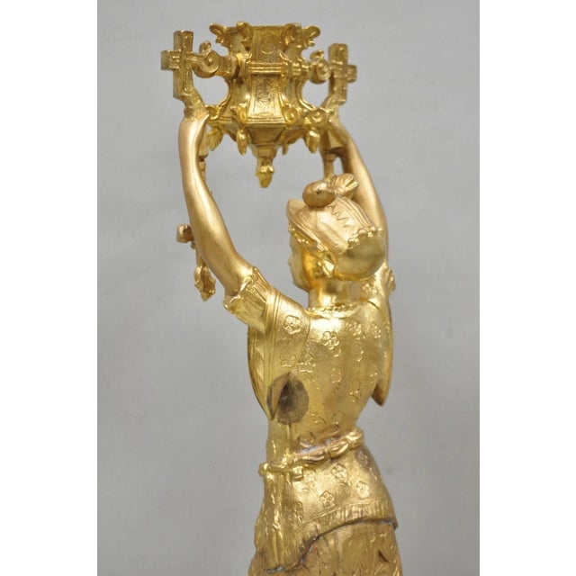 Antique Orientalist Gold Gilt Bronze Figural Male and Female Candlesticks - Pair For Sale - Image 15 of 18