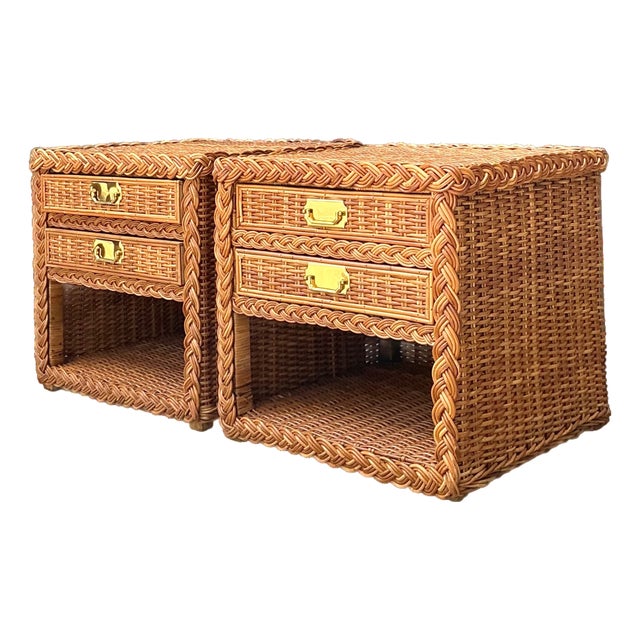 Vintage Braided Rattan Nightstands - A Pair For Sale