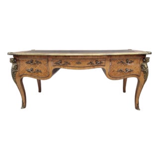Antique French Satinwood Parquetry Louis XVI Writing Desk, Tooled Leather Top & Ormolu For Sale