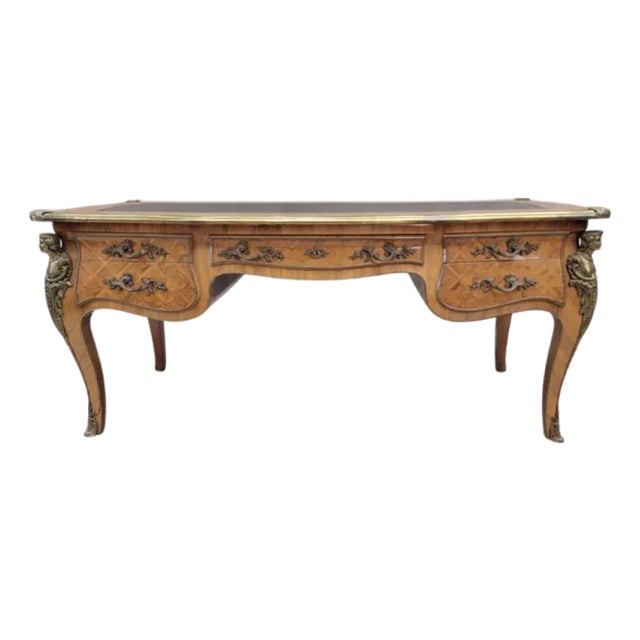 Antique French Satinwood Parquetry Louis XVI Writing Desk, Tooled Leather Top & Ormolu For Sale