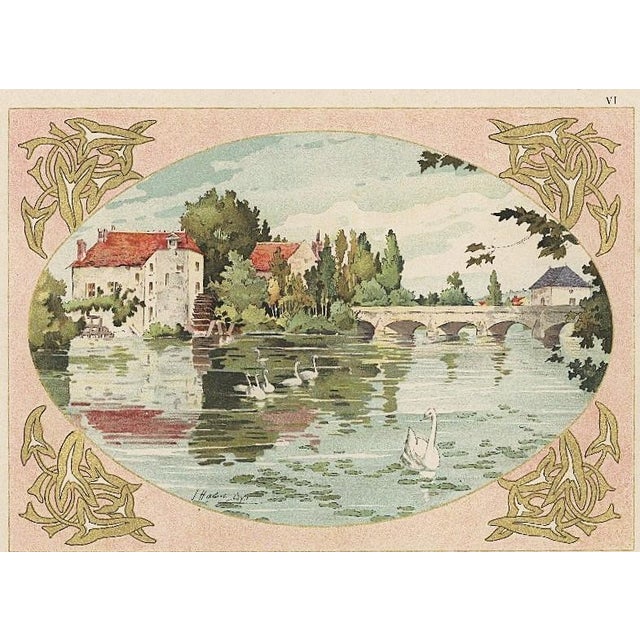 C1900 French Art Nouveau Pastoral Landscape Chromolithograph With Swans-by Habert Dys For Sale - Image 4 of 4