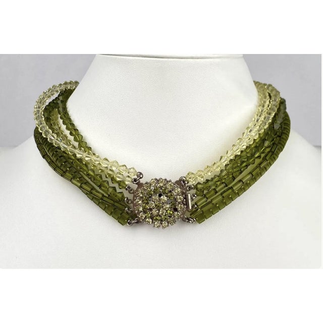 Mid Century Multi Strand Green and Clear Beaded Necklace With Cluster Clasp For Sale - Image 4 of 8