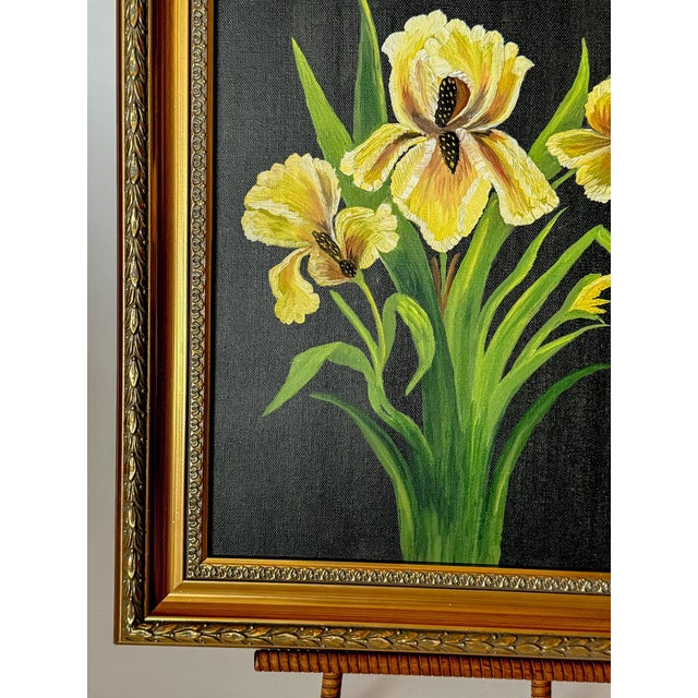 Textile "Irises" Original Contemporary Botanical Oil Painting on Canvas With Black Background For Sale - Image 7 of 14