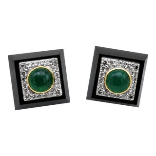 Natural Emerald, Black Onyx, & Diamond Earring in 14k Gold For Sale
