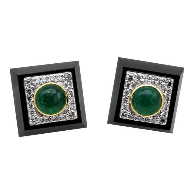 Natural Emerald, Black Onyx, & Diamond Earring in 14k Gold For Sale