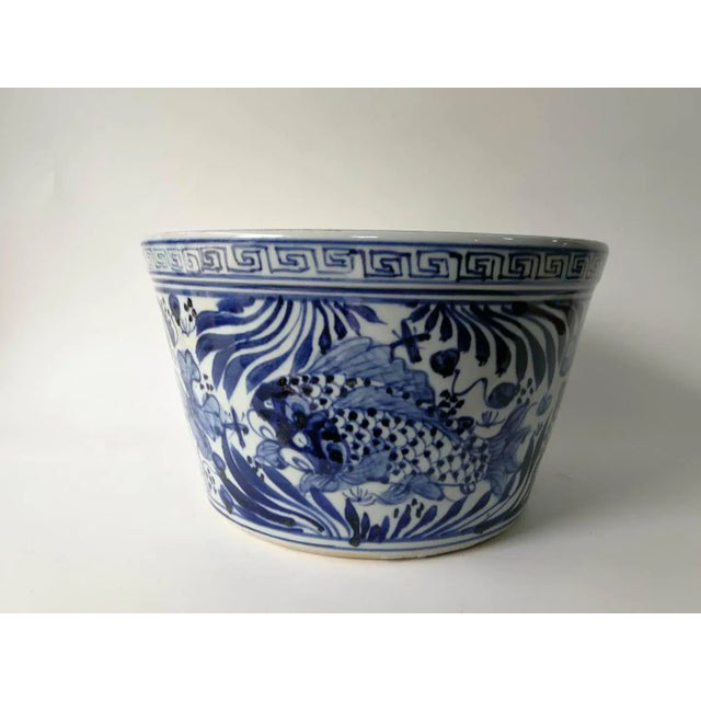 Ceramic Chinese Blue and White Fish Bowl Planter For Sale - Image 7 of 9