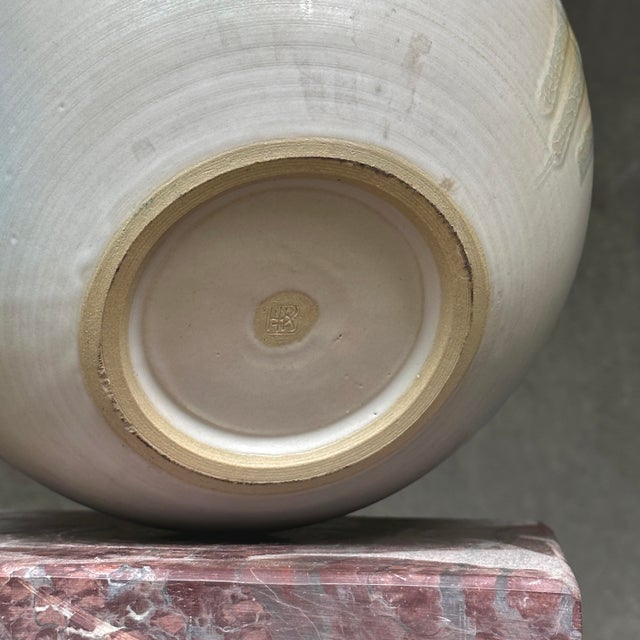 1970s Vintage Japanese Abstract Expressionist Ceramic Vase With Muted Multicolor Crackle Glaze Drip Detail, Signed For Sale - Image 5 of 5