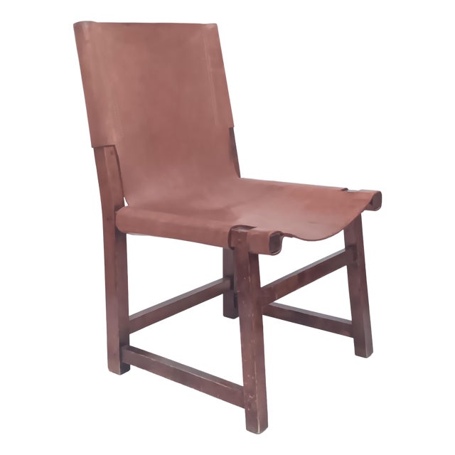 Spanish Wood and Leather Chair, 1960s For Sale