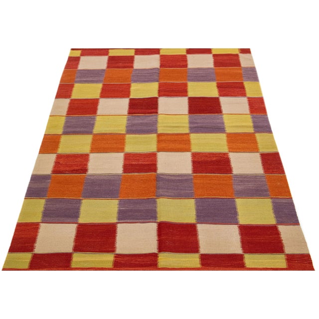 Modern 2020s Modern Kilim Handmade Multicolor Geometric Wool Rug For Sale - Image 3 of 7