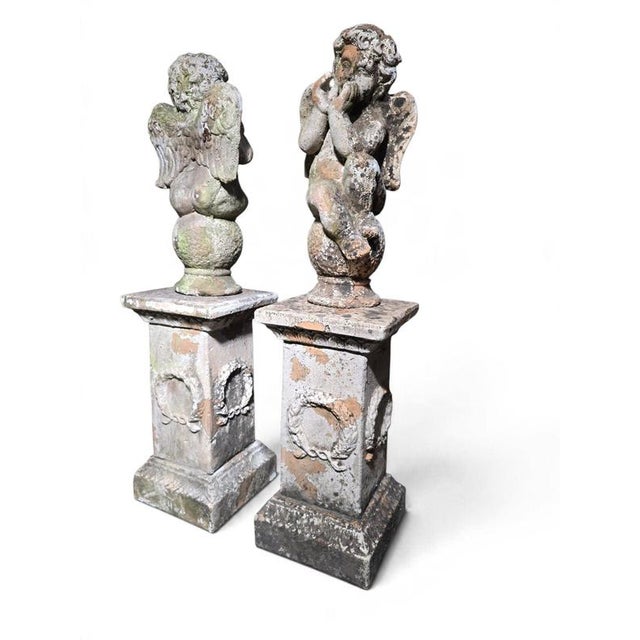 Italian Artist, Cherub Sculptures on Pedestals, 19th Century, Terracotta, Set of 2 For Sale - Image 10 of 12