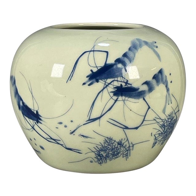 Vintage Chinese Celadon Glaze Blue & White "Shrimp" Brush Washer / Water Pot For Sale