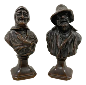 19th Century Old Man & Woman Bronze Sculptures