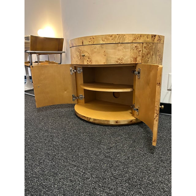 Demi-lune natural poplar burl nightstand from Four Hands with lots of bedside storage - spacious cabinetry with shelving...