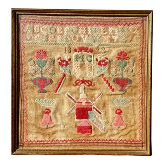Antique English Needlework Sampler W/ House Motif, Framed Wall Art For Sale