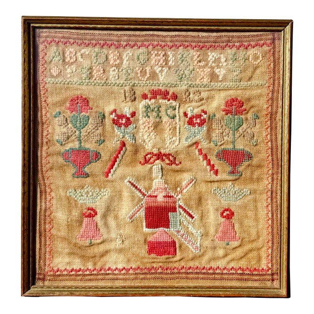 Antique English Needlework Sampler W/ House Motif, Framed Wall Art For Sale