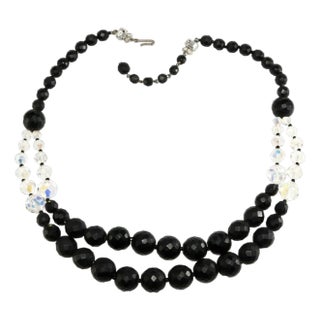 Vintage Jonne' Glass Bead Necklace Matte Black & Clear For Sale