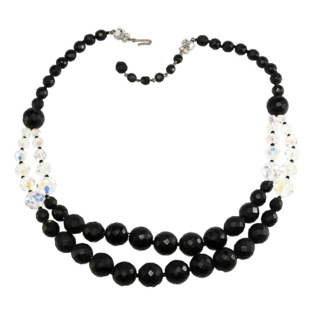 Vintage Jonne' Glass Bead Necklace Matte Black & Clear For Sale
