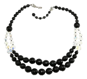 Vintage Jonne' Glass Bead Necklace Matte Black & Clear