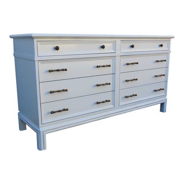 Hollywood Regency Faux Bamboo Handles Painted Long Sideboard Dresser 6351 For Sale