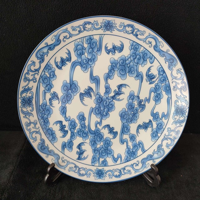 Art Deco Chinese Ceramic Plate,Qianlong Marked Blue and White Porcelain Plate Hand Painted Bats Pattern For Sale - Image 3 of 11