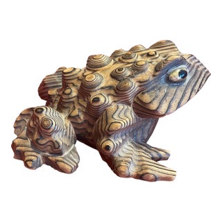 Vintage Cryptomeria Carved Cedar Wood Japanese Sugi Good Luck Toad Frog Sculpture For Sale