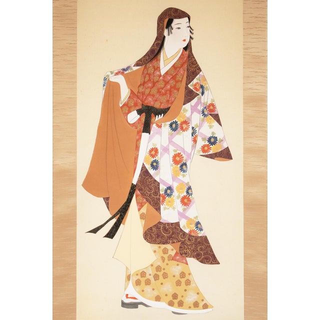 "Kimono Beauty" by Biho, C. 1950s Showa Era Japanese Silk Scroll Painting For Sale - Image 4 of 18