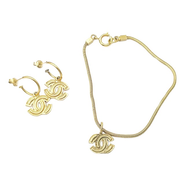 Chanel Vintage Gold Plated Popped CC Earrings Bracelet Set - 3 Pieces For Sale
