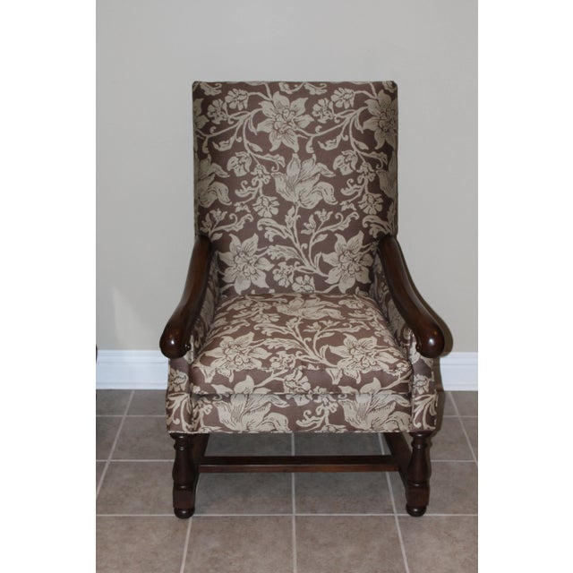 Generous, high back, elegant custom chair by Pearson. In excellent condition. With a floral brown fabric that is in...
