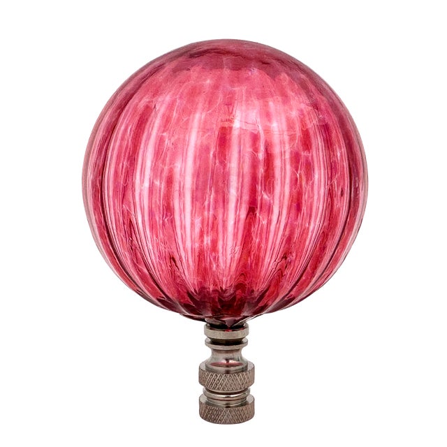 Ribbed Optic Glass Lamp Finial in Cranberry Pink on Chrome Hardware For Sale