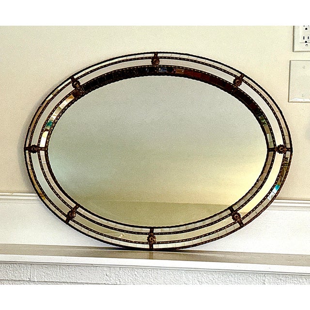 Hollywood Regency Oval Wall Mirror With Brass Accents For Sale - Image 4 of 12