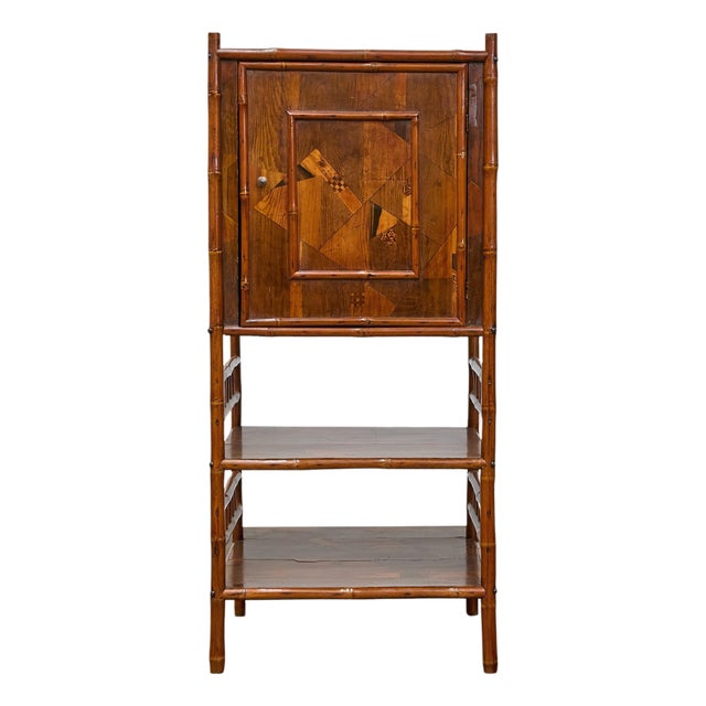 19th Century English Bamboo Cabinet with Parquetry Door and Shelves For Sale