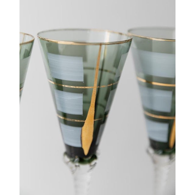 Vintage Italian Blue Murano Glass Liqueur Decanter Glasses with Hand Painted Gilt Details, 1950s, Set of 5 For Sale - Image 6 of 15