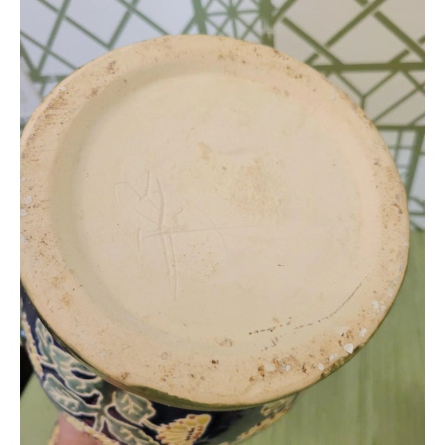 Chinoiserie Vintage Navy Blue and White, Green Clay Fired Foo Dog Italian Floral Ginger Jar Decor For Sale - Image 3 of 11