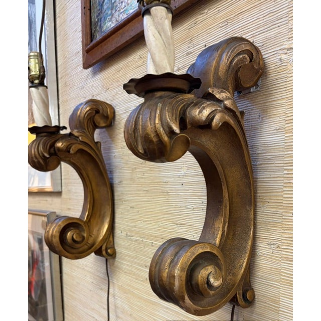 Early 20th Century Wood Giltwood Wall Sconces With Shades For Sale - Image 5 of 8