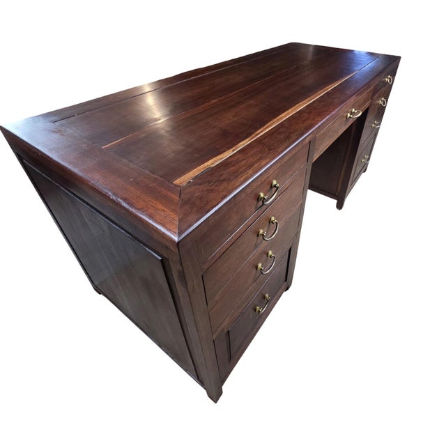 Vintage Asian-Inspired Dark Wood Executive Desk With Brass Hardware & Fretwork For Sale - Image 4 of 12