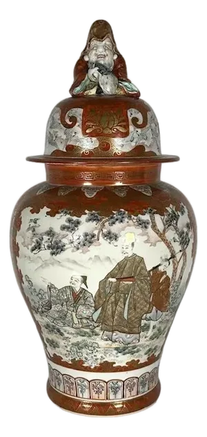 19th Century Meiji Kutani Satsuma Lidded Vase: Hand-Painted Cranes & Scholars