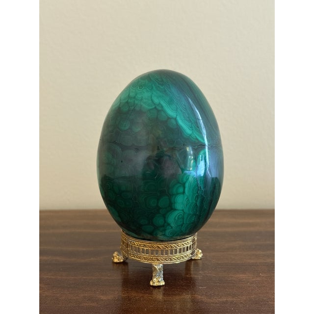 Large Solid Malachite Egg on Neoclassical Brass Stand With Paw Feet For Sale In South Bend - Image 6 of 10