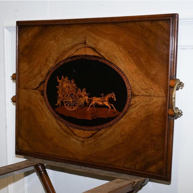 Victorian Double Sided Serving Tray on Bamboo Stand Brass Handles Marquetry Top For Sale - Image 17 of 18