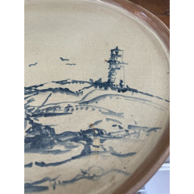 1950s Mid 20th Century Coastal Studio Pottery Dish With Hand-Painted Lighthouse Coastal Scene. For Sale - Image 5 of 11