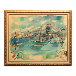 Mordechai Avniel1940s Israeli Modernist Oil Painting Marine Harbor Landscape Bezalel School
