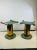 Exceptional Pair Of Post Modern Brass And Verdigris Patinated Scrolled Column Pedestal Tables With Brass Brutalist...
