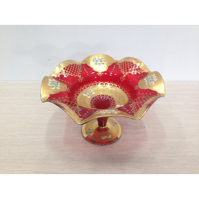 Red Glass Compote With Gold Detailing For Sale - Image 4 of 5