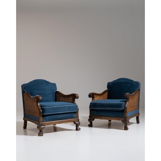 Pair of Early 20th Century British Navy Blue Edwardian Velvet Upholstered Armchairs with Cane Panels For Sale In Greensboro - Image 6 of 15