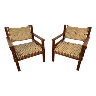 Pair of Mid-Century Teak Danish Woven Raffia Lounge Chairs For Sale
