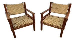 Pair of Mid-Century Teak Danish Woven Raffia Lounge Chairs