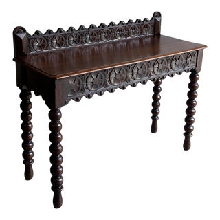 A Gothic Hand-Carved Oak Console Table, Hidden Frieze Drawer, English, Ca. 1870 For Sale
