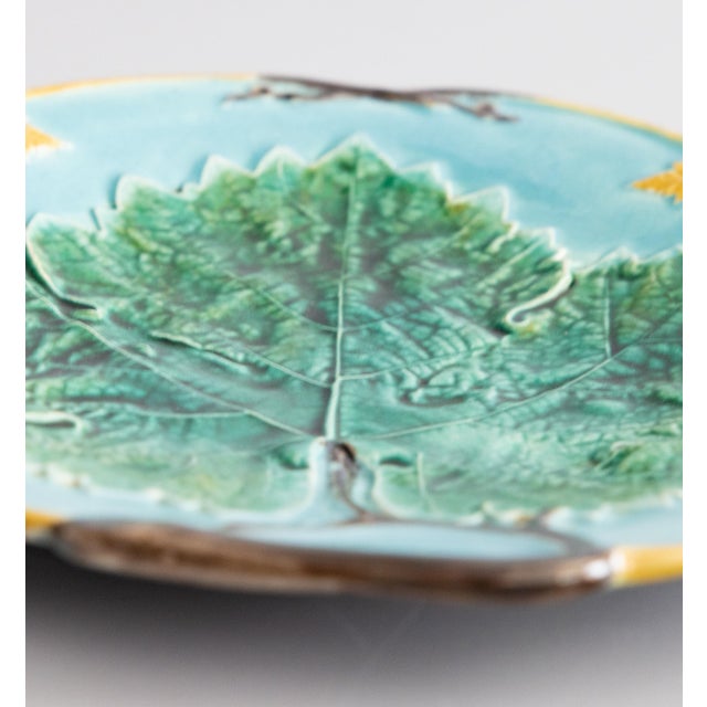 Joseph Holdcroft Antique English Joseph Holdcroft Turquoise Majolica Green Leaf Plate, Circa 1880 For Sale - Image 4 of 6