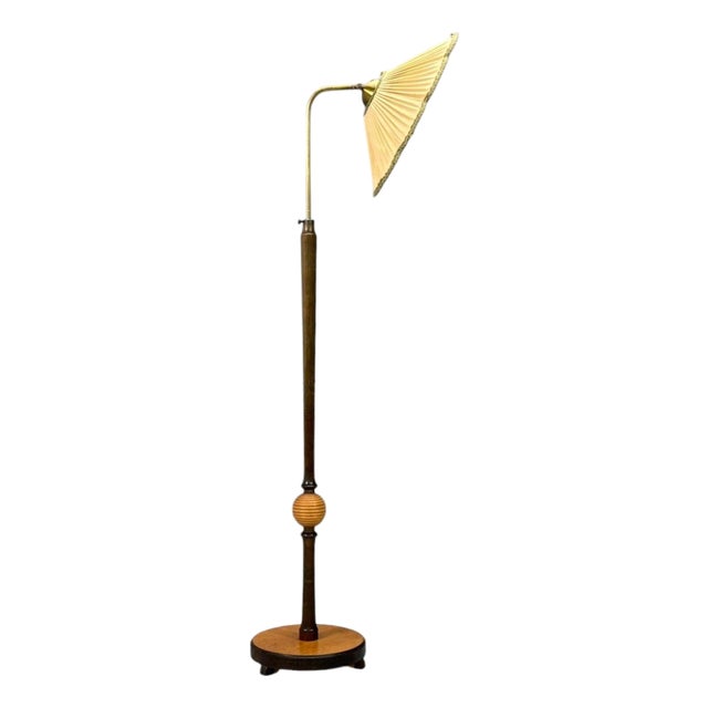 Swedish Art Deco, Adjustable Floor Lamp, Birch, Brass, Fabric, Sweden, 1930s For Sale